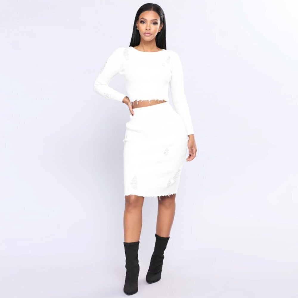 NWT Fashion Nova Alecta Ribbed Knit Skirt Set in Ivory Sz S